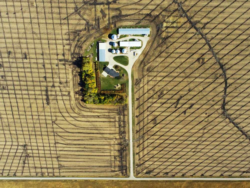 Above aerial picture of a tiled farm land.