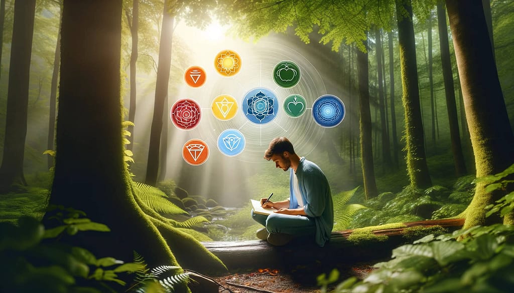 Guy in Woods doing Journal Prompts to Explore and Understand His Own Seven Energy Centers