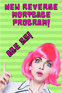 picture of a younger lady with pink hair pointing to a caption that reads new reverse mortgage program for 55 year olds