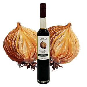 balsamic vinegar in front of sliced roasted onion