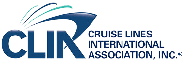 CLIA logo: Cruise Lines International Association, Inc., with blue text and stylized wave graphics behind the acronym CLIA.