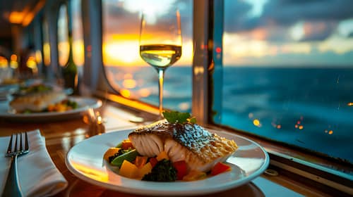 Plate with grilled fish and colorful vegetables on a glossy table as sunset over the water glows through a window, wine glass in background.