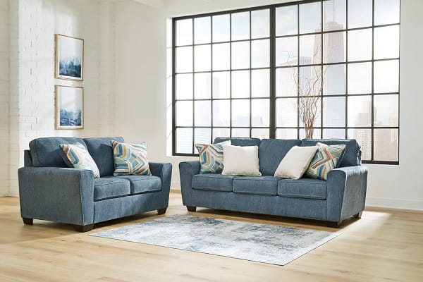 Cashton Blue sofa with queen sleeper and loveseat - Image 5