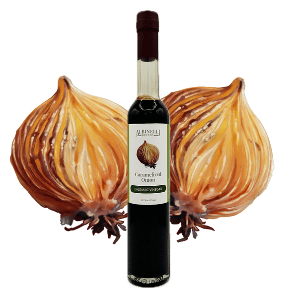 balsamic vinegar in front of sliced roasted onion