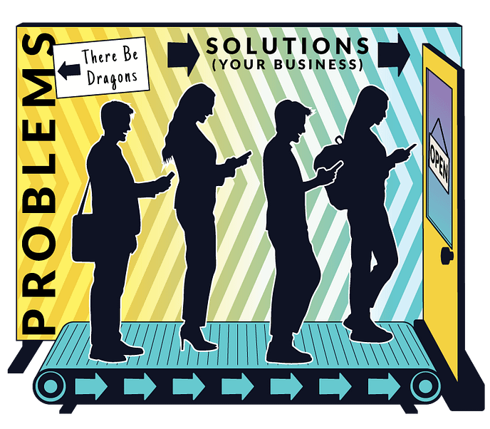 A conveyor belt with silhouettes progressing toward a door labeled 'Solutions,' symbolizing how Pegasus, a top website design company, turns visitors into loyal customers with website SEO and ROI-driven strategies.