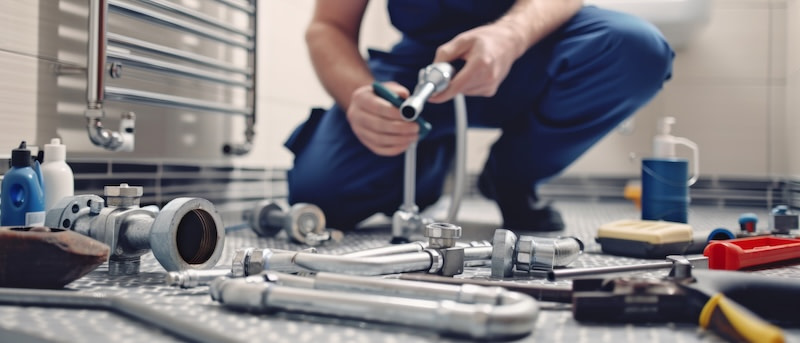 A plumber at work surrounded by tools and fittings, fixing bathroom plumbing with skillful precision A plumber at work surrounded by tools and fittings, fixing bathroom plumbing with skillful precision